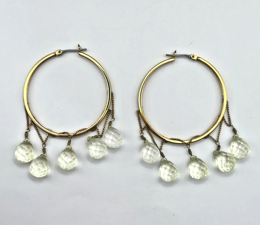 Gold Tone Hoop Earrings Pale Green Faceted Glass Bead Dangles 2.75"